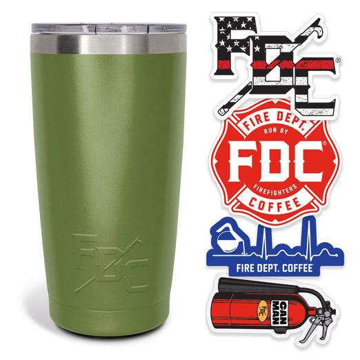 Green tumbler with Fire Department Coffee branding and related branded stickers on a white background.