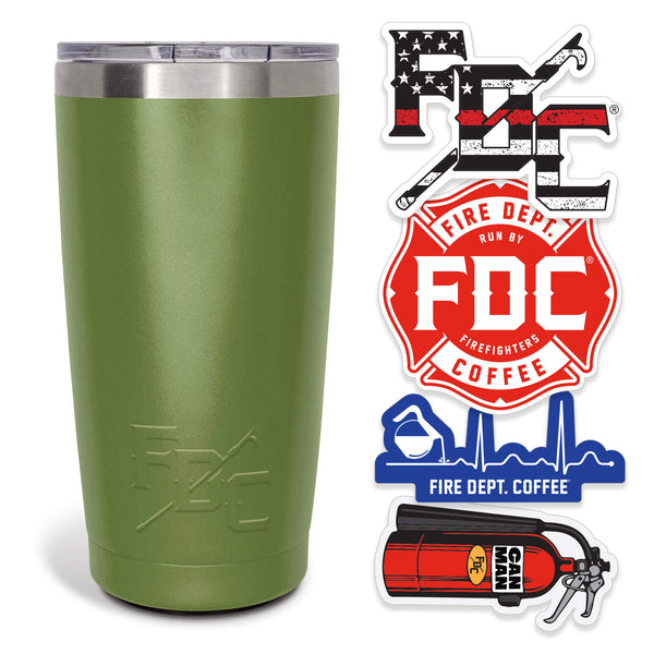 Green tumbler with Fire Department Coffee branding and related branded stickers on a white background.