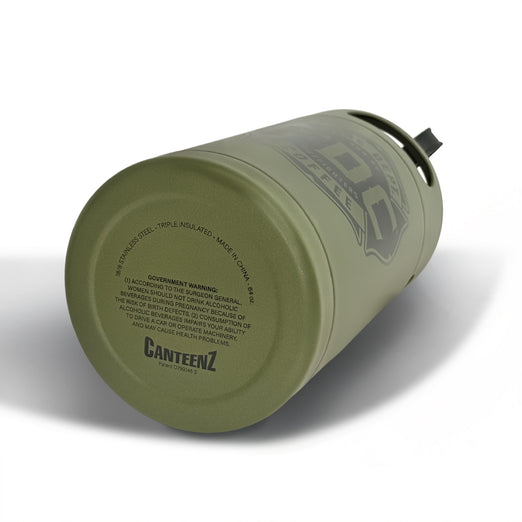 The bottom of the military green stainless steel Fire Department Coffee Growler.