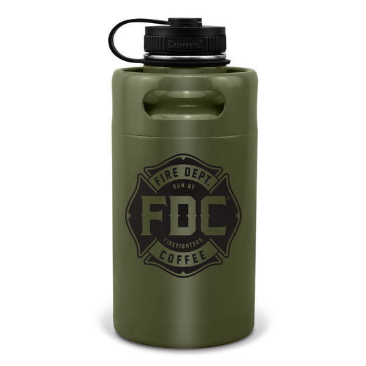 64oz military green stainless steel Fire Department Coffee Growler with Fire Department Coffee logo facing forward. 