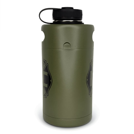 The side of the military green stainless steel Fire Department Coffee Growler to show logo on both sides.