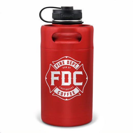 64oz red stainless steel Fire Department Coffee Growler with Fire Department Coffee logo facing forward. 
