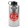 64oz silver stainless steel Fire Department Coffee Growler with Fire Department Coffee logo facing forward. 