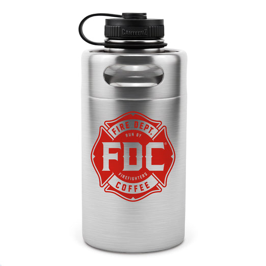 64oz silver stainless steel Fire Department Coffee Growler with Fire Department Coffee logo facing forward. 