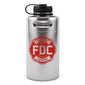 64oz silver stainless steel Fire Department Coffee Growler with Fire Department Coffee logo facing forward. 