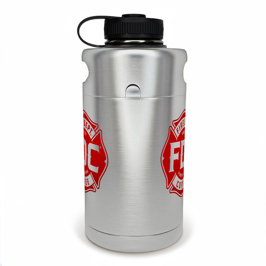 The side of the silver stainless steel Fire Department Coffee Growler to show logo on both sides.