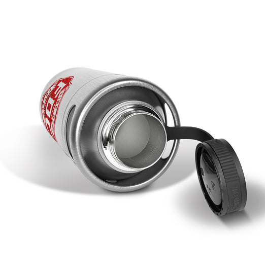 The top of the silver stainless steel Fire Department Coffee Growler with the cap twisted off.