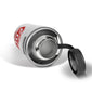 The top of the silver stainless steel Fire Department Coffee Growler with the cap twisted off.