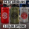 Three 64-oz metal growlers are shown in red, green, and silver with the Fire Department Coffee logo on a blurred background.