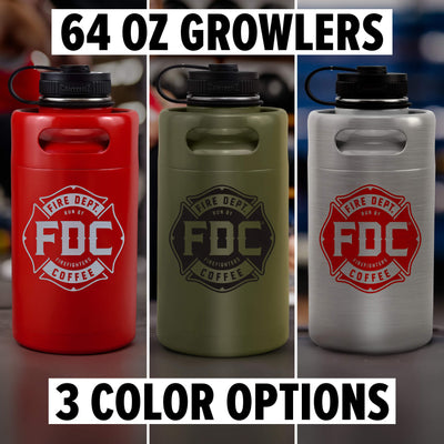 Three water bottles in red, green, and silver with FDC Coffee branding on a white background.