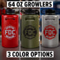 Three 64-oz metal growlers are shown in red, green, and silver with the Fire Department Coffee logo on a blurred background.