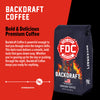 Backdraft Coffee package with branding and product description on a red background