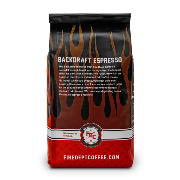 A bag of Backdraft Espresso sitting on a table next to a Fire Hydrant Mug