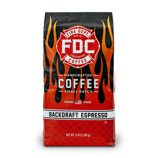 A five pound package of Fire Dept. Coffee’s Backdraft Espresso Wholesale Coffee Roast.