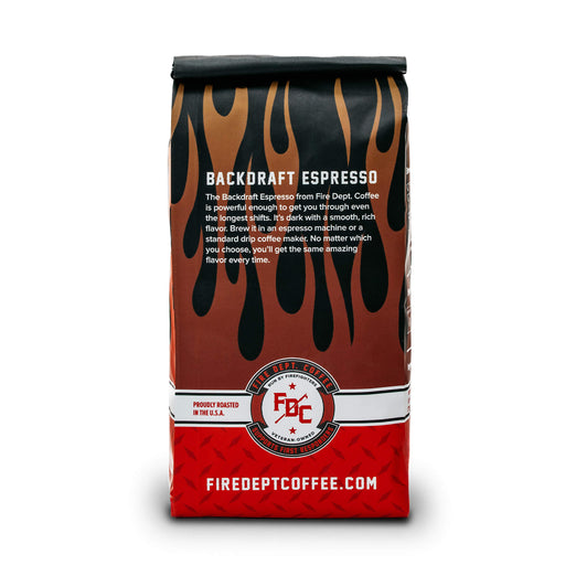 Fire Dept. Coffee’s 12 ounce Backdraft Espresso package. A rectangular package with Fire Dept. Coffee’s logo centered on a black field with fiery highlights.