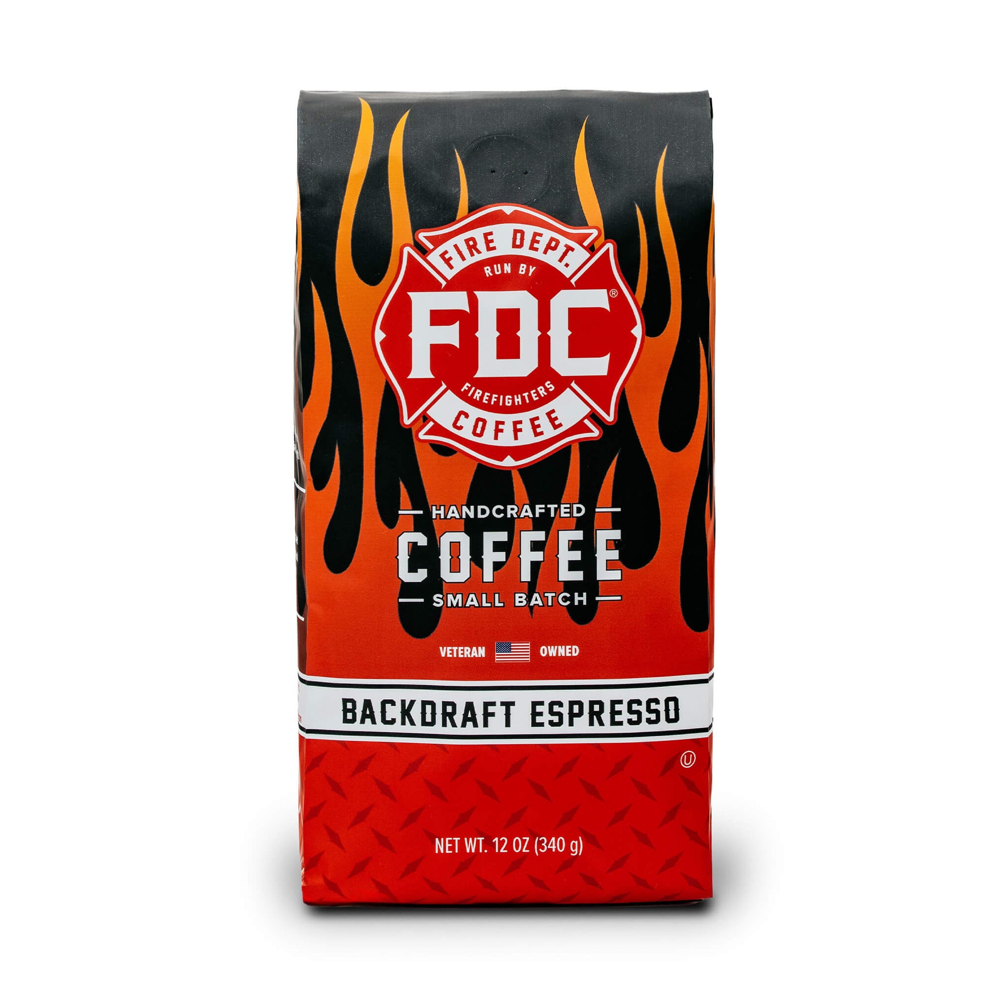 Fire Dept. Coffee's 12 ounce Backdraft Espresso package. A rectangular package with Fire Dept. Coffee's logo centered on a black field with fiery highlights.