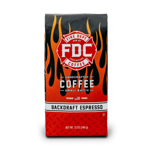 Fire Dept. Coffee’s 12 ounce Backdraft Espresso package. A rectangular package with Fire Dept. Coffee’s logo centered on a black field with fiery highlights.