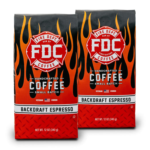 A pair of Fire Dept. Coffee 12 ounce Backdraft Espresso packages.