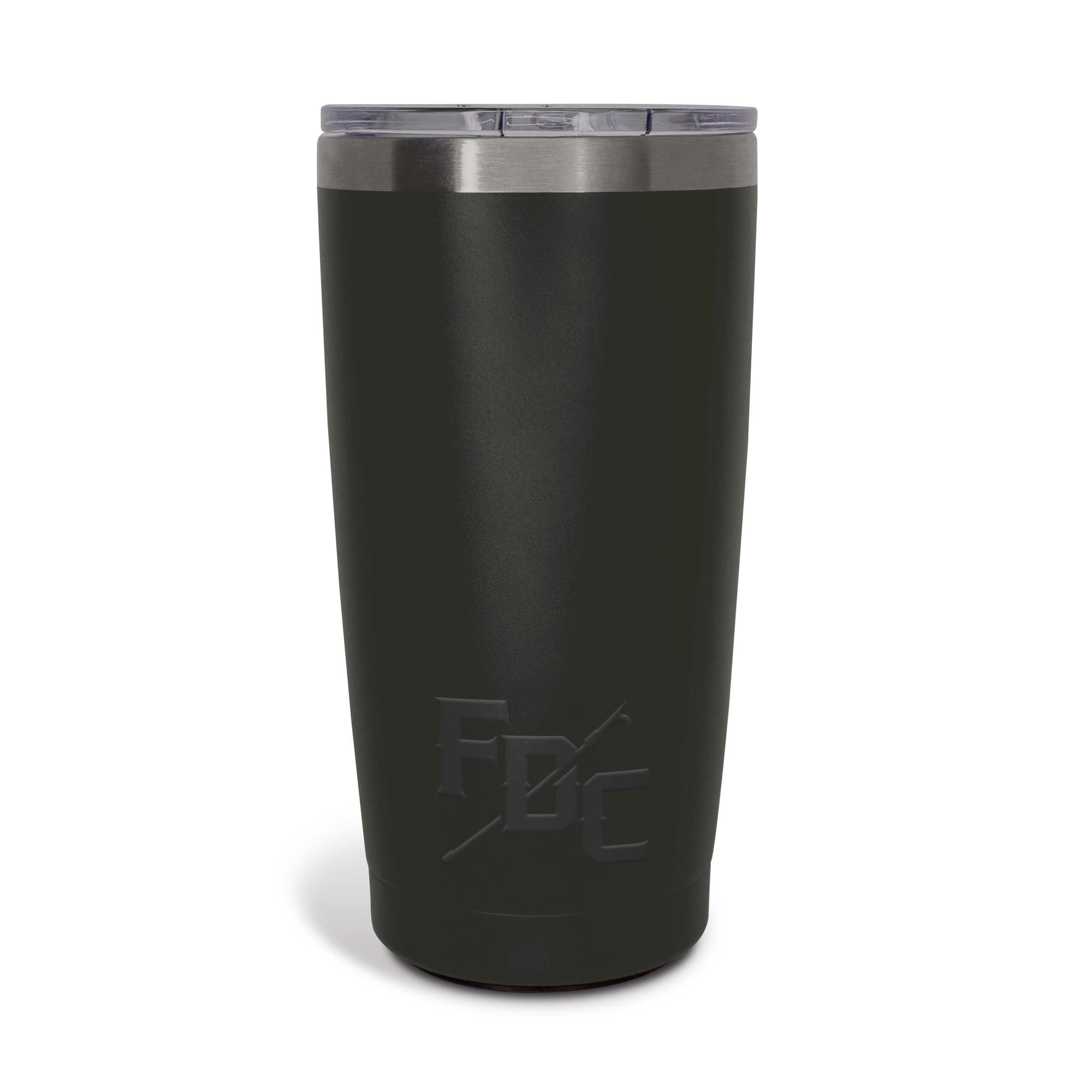 A 20 oz black tumbler with the FDC maltese cross logo engrave on the front.