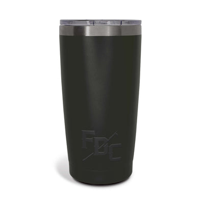 A 20 oz black tumbler with the FDC maltese cross logo engrave on the front.