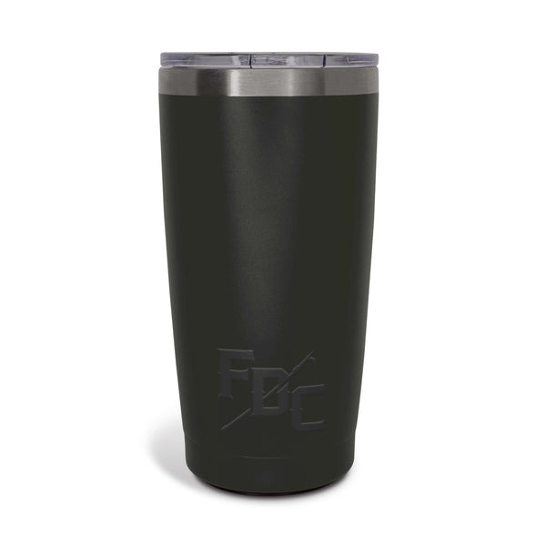 A 20 oz black tumbler with the FDC maltese cross logo engrave on the front.