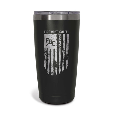 The front of the FDC Flag Black Tumbler on a white background.