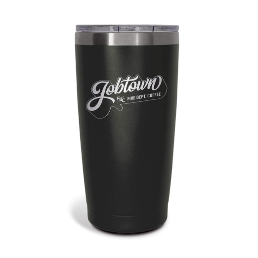 A 20 ounce black tumbler that says JOBTOWN on the front.