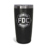 A 20 oz black tumbler with the FDC maltese cross logo engrave on the front.