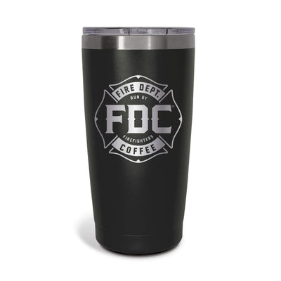 A 20 oz black tumbler with the FDC maltese cross logo engrave on the front.