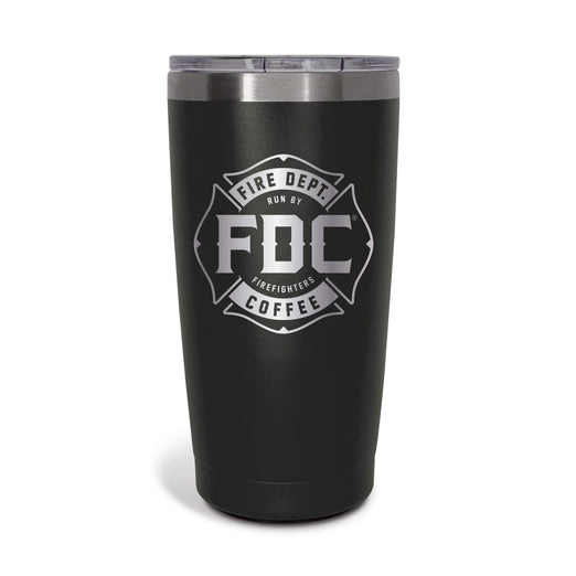 A 20 oz black tumbler with the FDC maltese cross logo engrave on the front.