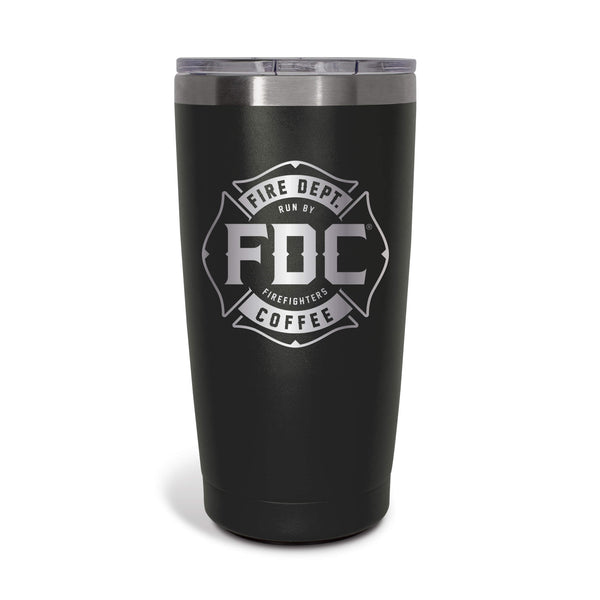 A 20 oz black tumbler with the FDC maltese cross logo engrave on the front.