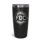 A 20 oz black tumbler with the FDC maltese cross logo engrave on the front.