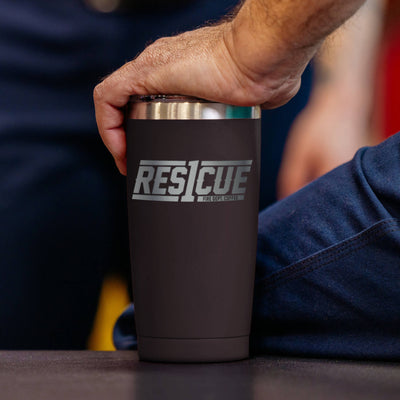 The front of the Rescue1 Black Tumbler 20oz.
