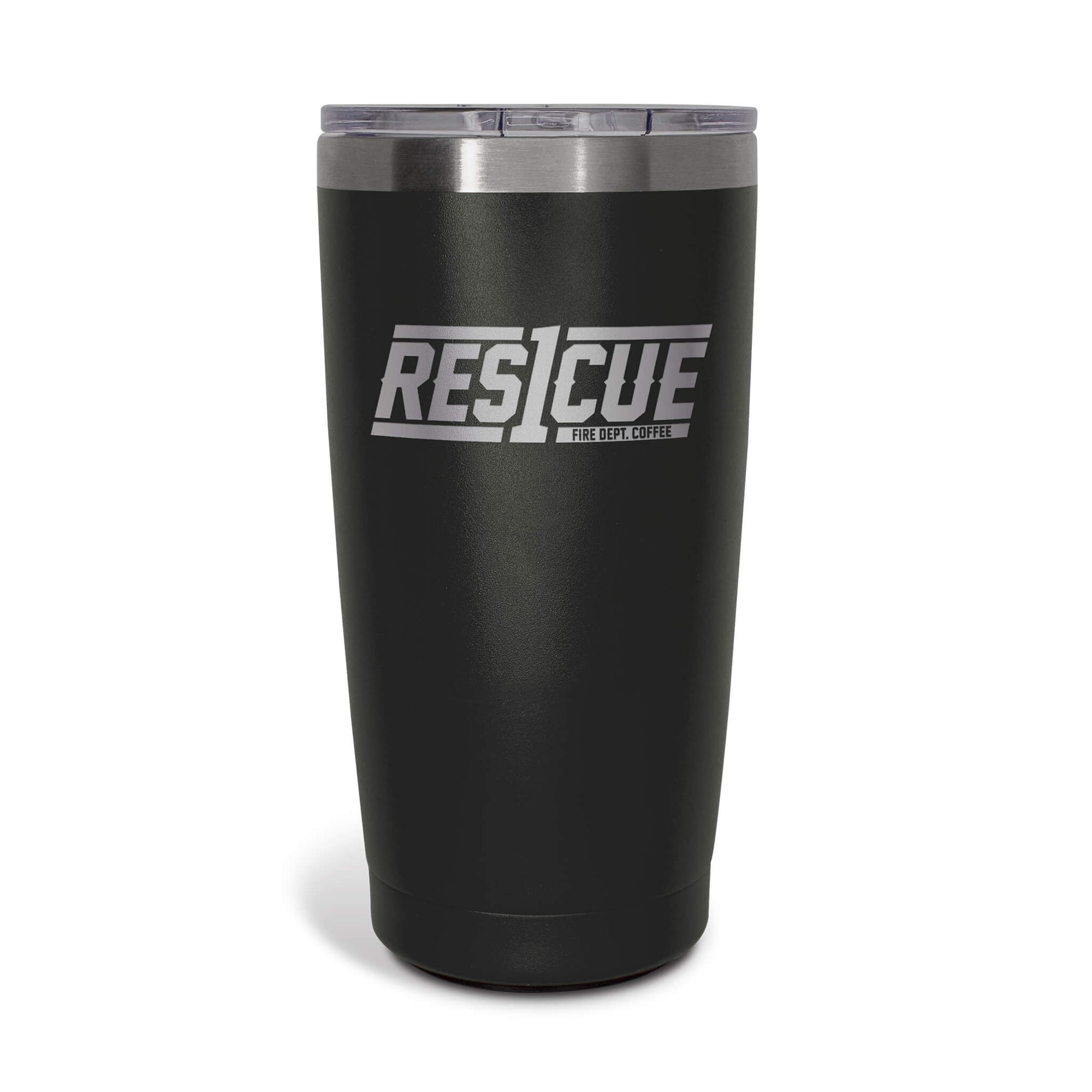 The front of the Rescue1 Black Tumbler 20oz.