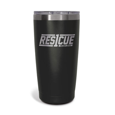 The front of the Rescue1 Black Tumbler 20oz.