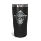 Front view of black tumbler with engraved FDC skull logo