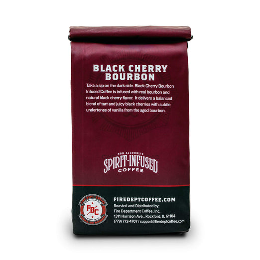 Back of a 12oz bag of Black Cherry Bourbon Infused Coffee.