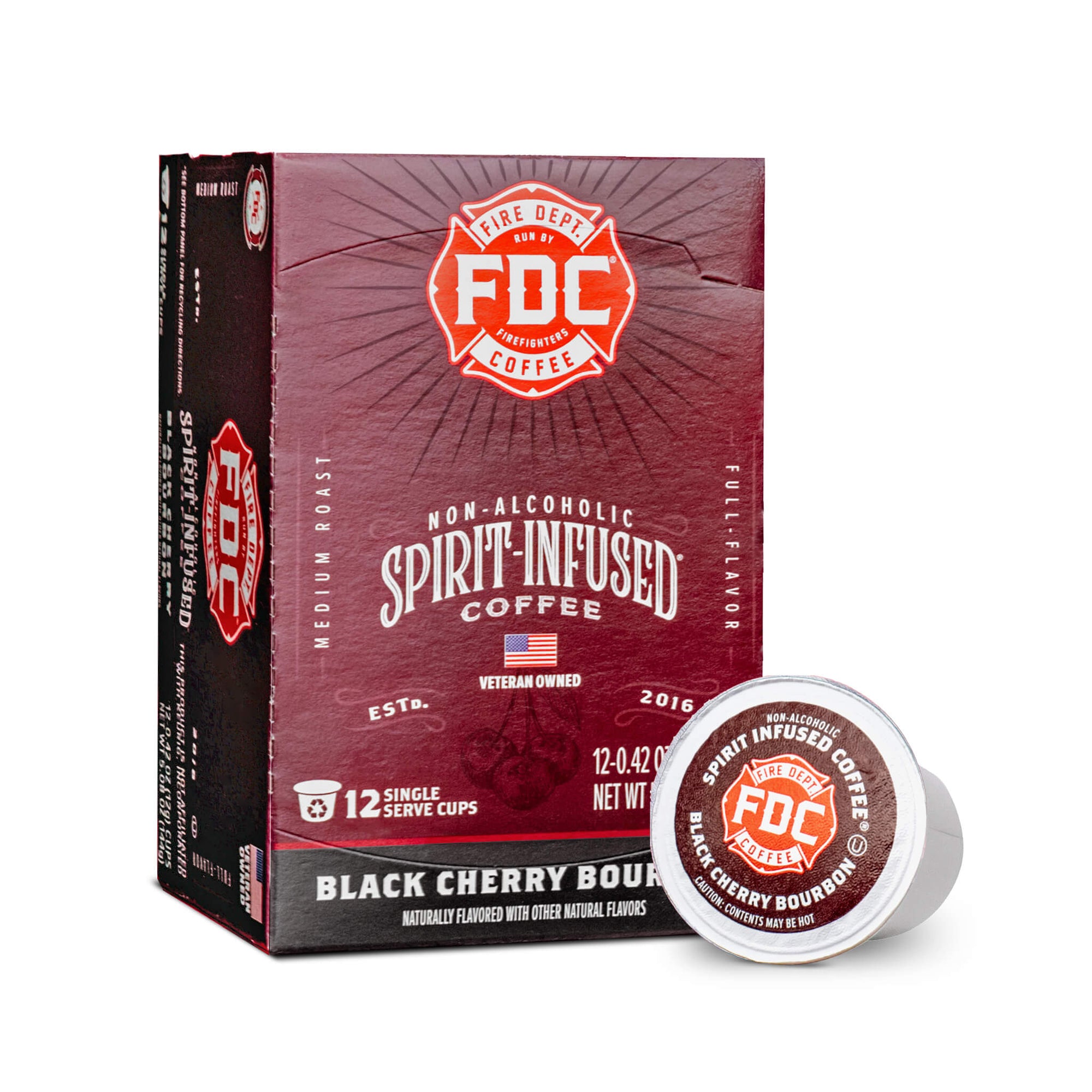 An image of the front of a box of Black Cherry Bourbon Infused Coffee Pods.