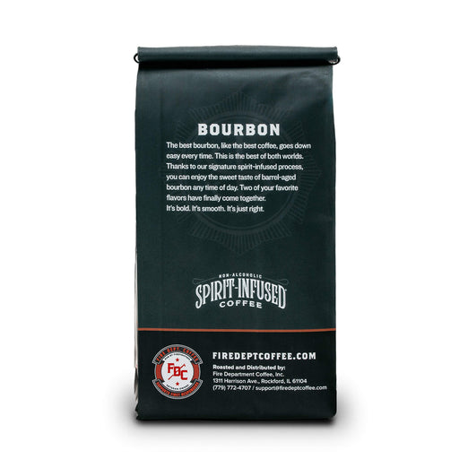 Fire Dept. Coffee’s 12 ounce Bourbon Infused Coffee in a rectangular package.