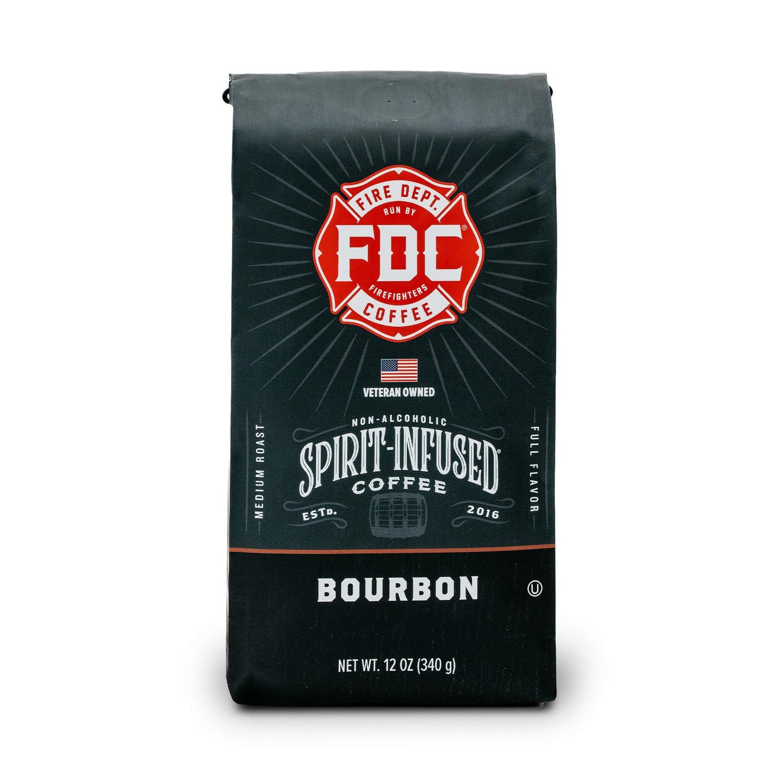 Fire Dept. Coffee's 12 ounce Bourbon Infused Coffee in a rectangular package.