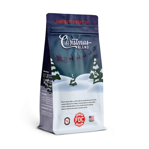 A 12 ounce bag of Fire Department Coffee Christmas Blend 
