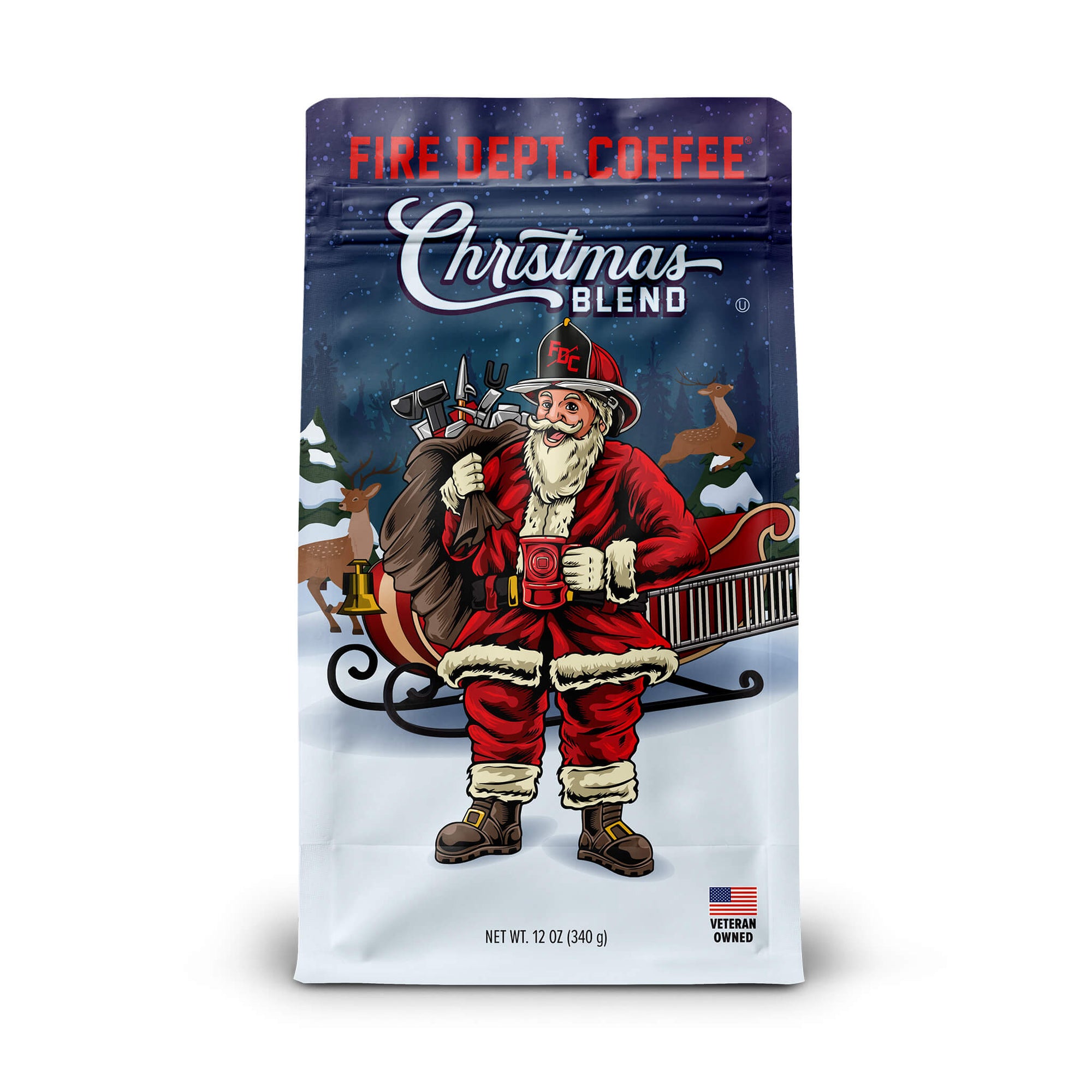 A 12 ounce bag of Fire Department Coffee Christmas Blend featuring an illustration of Santa holding a fire hydrant coffee mug and a bag full of firefighter tools