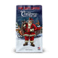 A 12 ounce bag of Fire Department Coffee Christmas Blend featuring an illustration of Santa holding a fire hydrant coffee mug and a bag full of firefighter tools