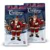 Two 12 ounce bags of Fire Department Coffee Christmas Blend featuring an illustration of Santa holding a fire hydrant coffee mug and a bag full of firefighter tools