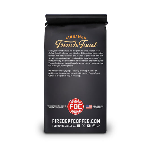 A the back of a 12 oz bag of Cinnamon French Toast Coffee from Fire Department Coffee.