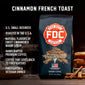 A bag of Cinnamon French Toast Coffee with bullet points that read ”U.S small business, roasted in the U.S.A, natural flavors of sweet cinnamon and warm syrup, handcrafted premium coffee, coffee that gives back to firefighters, firefighter and veteran owned”.
