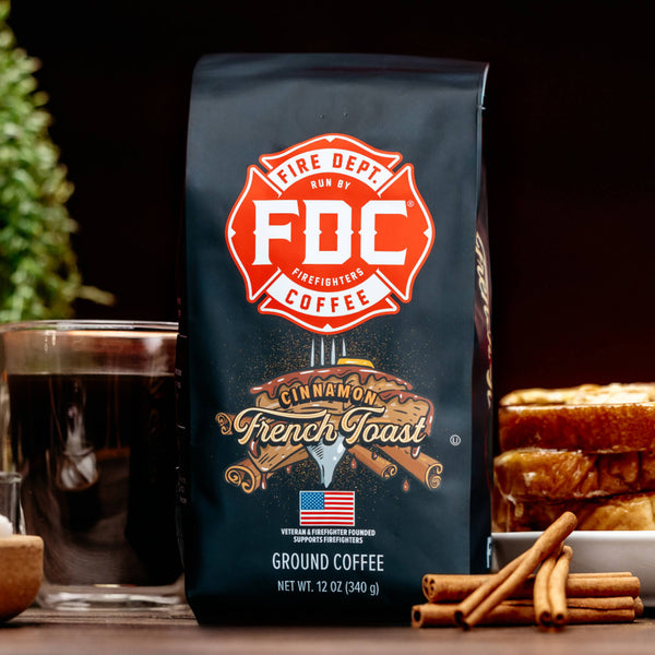 A 12 oz bag of Cinnamon French Toast Coffee from Fire Department Coffee.