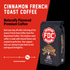 A bag of Cinnamon French Toast Coffee with bold words that read "Naturally Flavored Premium Coffee". A paragraph below reads, "Start your day off with a full mug of Cinnamon French Toast Coffee from Fire Department Coffee. This medium roast coffee is made with natural flavors and roasted to perfection. Your support fuels our mission to give back go sick and injured firefighters."