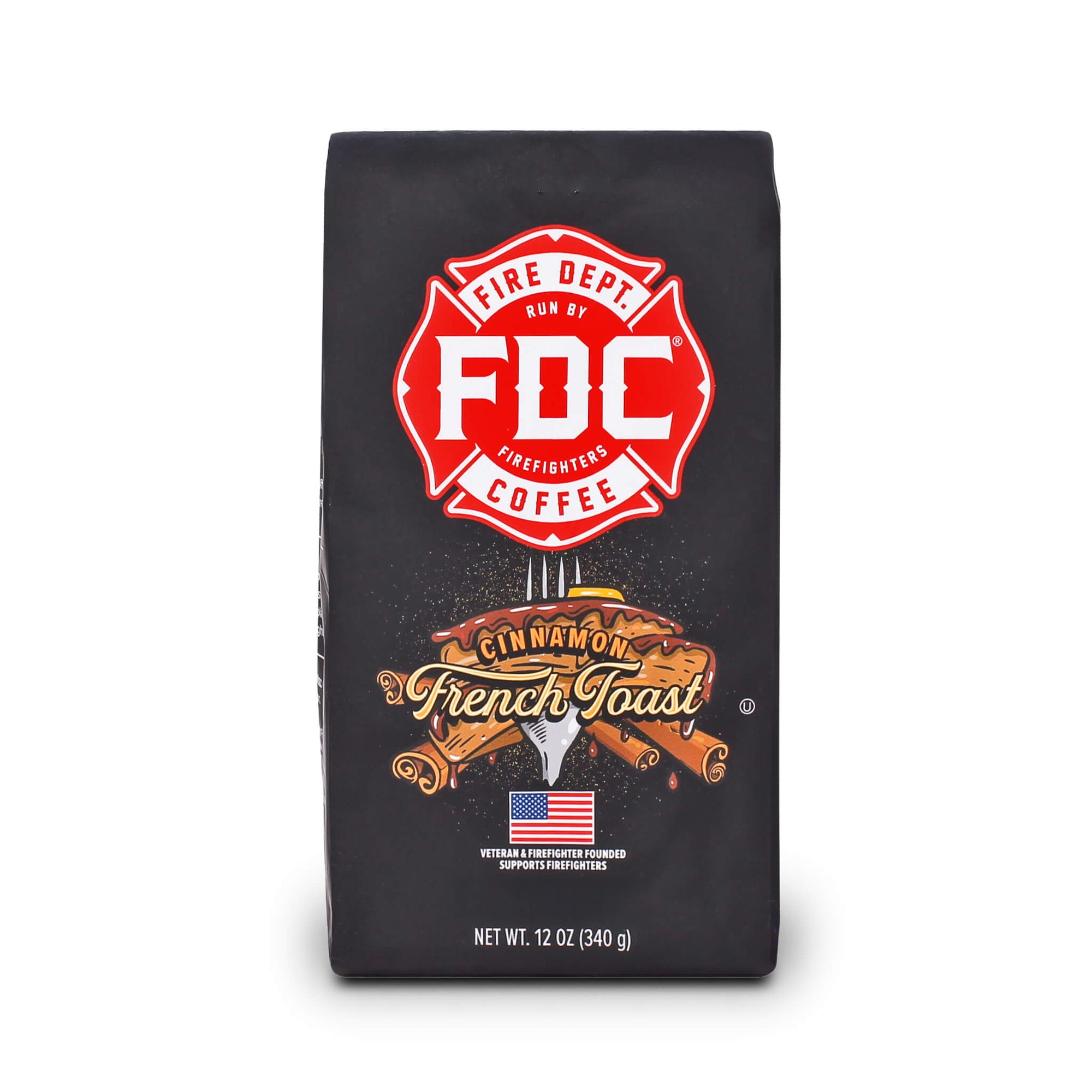 A 12 oz bag of Cinnamon French Toast Coffee from Fire Department Coffee.