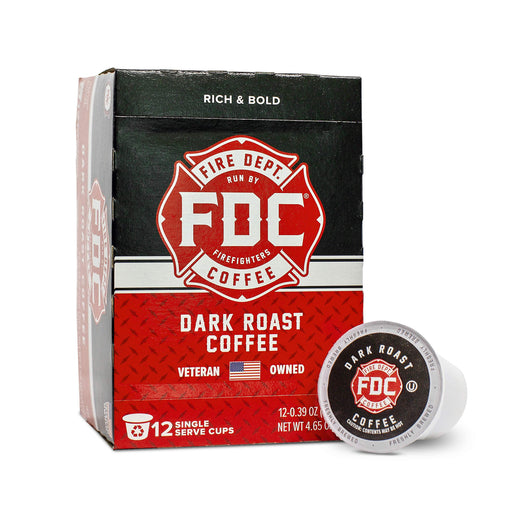 A 12-pack box of Fire Department Coffee’s Dark Roast Coffee Pods.